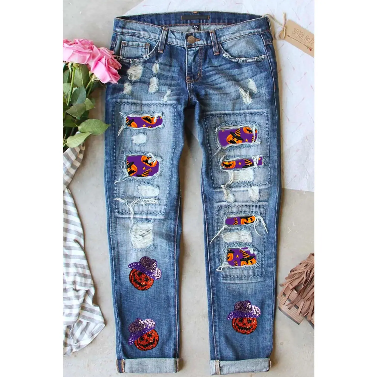 Distressed Sequin Pumpkin Jeans