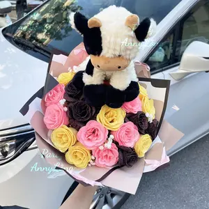 Cute 24-Piece DIY Flower Bouquet with Glitter Rose and Cow Design, Lasting Floral Gift for Birthdays and Lovers, Eco-Friendly Forever Flowers