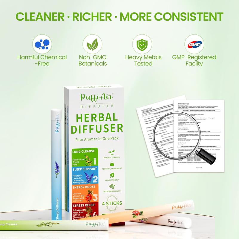 PUFFIAIR Herbal Diffuser Pen 4 Pack - Four Unique Aromas for Everyday Routines - Clean Botanical Formula - Up to 600 Uses - No Charging or Refilling Needed