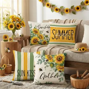 4 Piece Set Spring Summer Floral Design Sunflower Pillow Covers, Peach Velvet Letter Print Sofa Cushion Cover, No Core Bedroom Coordinated Decor