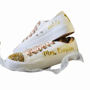 Bridal Shoes | Dancing Wedding Sneakers - Personalized Wedding Flat Shoes with Sparkly Design & Blue Laces - Casual Fashion Girls