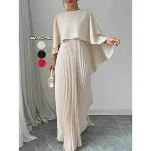 Women’s plain pleated maxi dress with cloak sleeves, elegant round neck design for parties, holidays, and wedding guests; ladies’ spring and fall clothing; Valentine’s Day gift for girls
