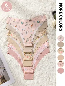 6-Pack Peter Rabbit Print Seamless Women's Underwear, Ice Silk Adhesive Craft, Heart Cutout Design, Breathable Cotton Crotch, Mid-Waist Triangle Panties