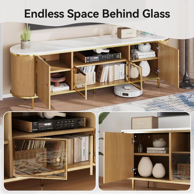 【Ships in 1 Packages】Oneinmil Luxury 70" Fluted TV Stand Modern Entertainment Center for TVs Up to 80" TV Console with Faux Marble Tabletop Curved Profile Design Media Console for Living Room bedroom tables nursery