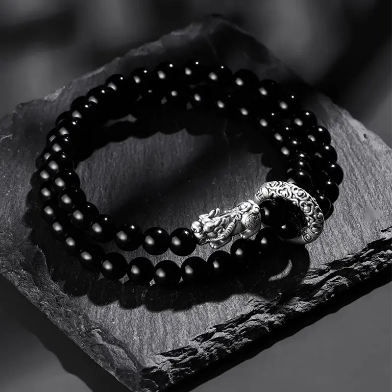 Multi-Layer Black Obsidian Beaded Bracelet, Vintage Silver Pi Xiu Protection Bracelet, Spiritual Lucky Wealth Jewelry for Men Women