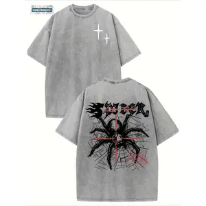 Vintage Harajuku Street Spider Double-Sided Print Pattern, Men's Vintage Streetwear Basic T-Shirt, Loose Hip-Hop and Androgynous Top, Washed Cotton Short-Sleeved Round-Neck T-Shirt for Summer Outdoor Men's Clothing.