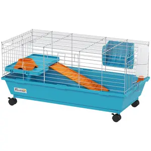 PawHut 35"L Small Animal Cage, Rolling Bunny Cage, Guinea Pig Cage with Food Dish, Water Bottle, Hay Feeder, Platform, Ramp for Chinchilla, Blue