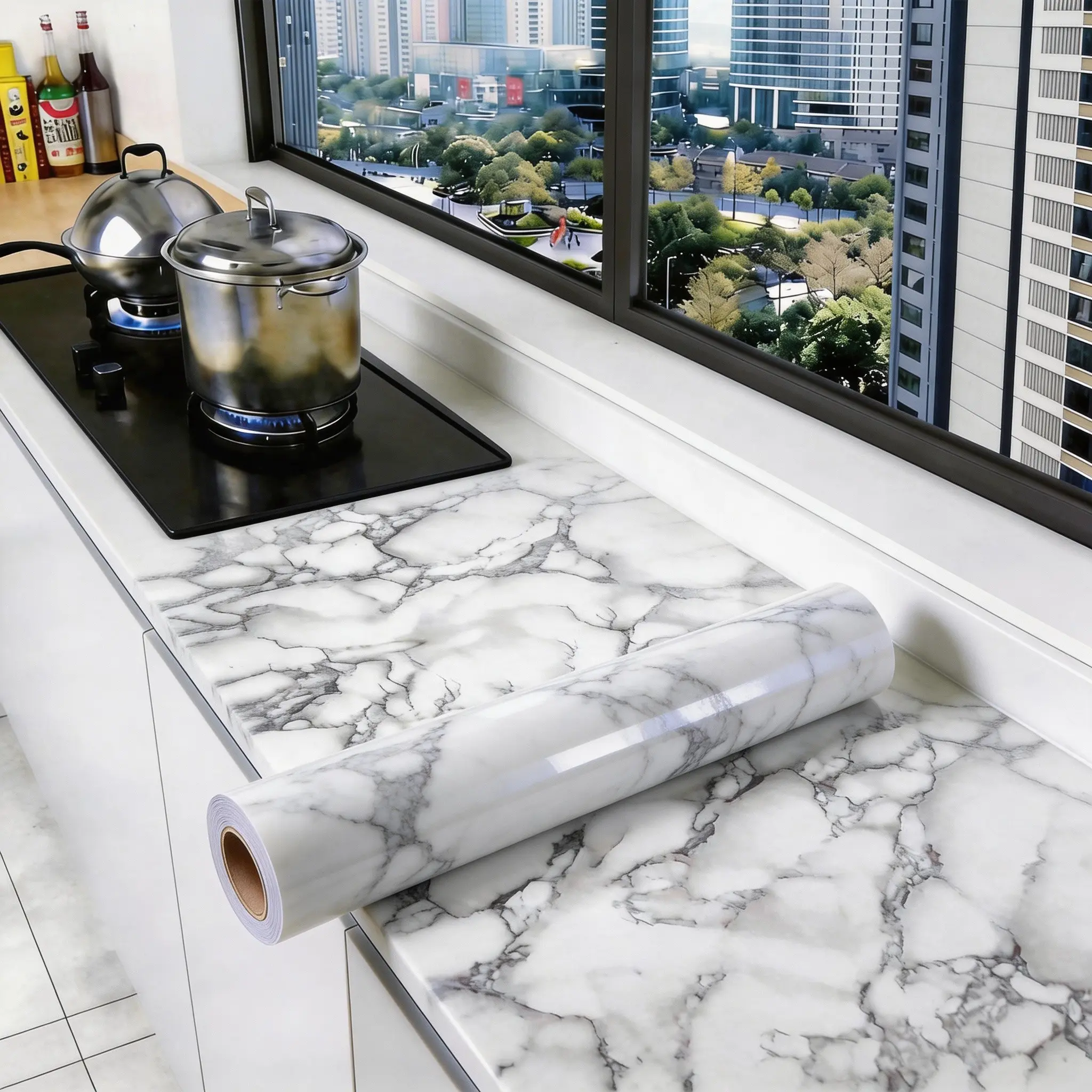 Marble Kitchen Oil-Proof Film, Waterproof Moisture-Proof Self-Adhesive Peel and Stick Wallpaper Designs, Countertop Cabinet Renovation Tile Sticker