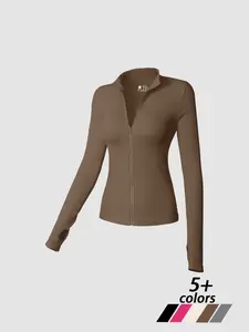 Women's Solid Color All-Season Ribbed Zipper Jacket, Comfortable Breathable Gym Workout Jacket, Sporty Tight-Fitting Sports Jacket