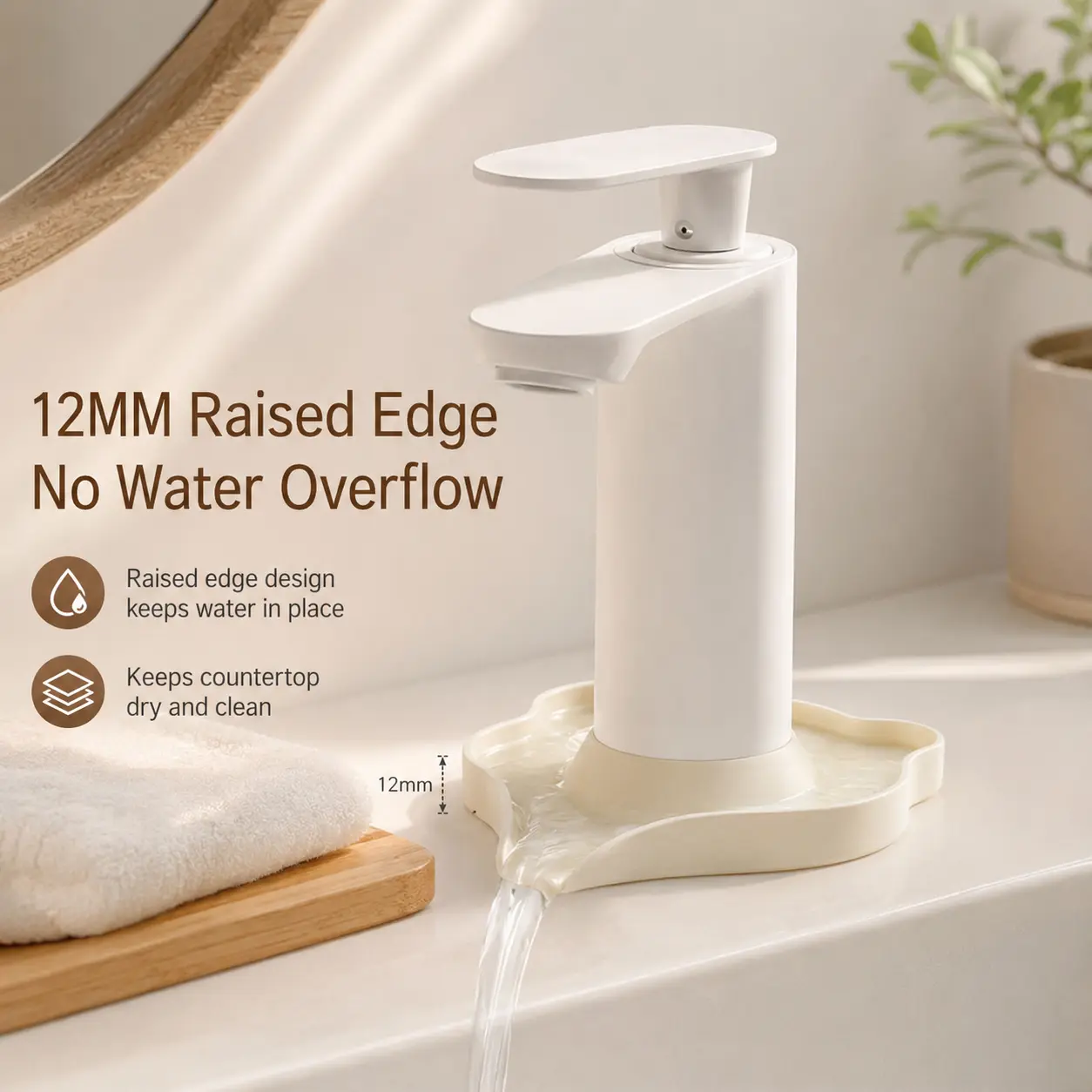 Silicone Faucet Drainer Mat - 1 Count, 12mm Raised Edge, Flexible Tear-Resistant, Easy Cleaning, Muted Water Guide, Sink Drainage Splash Guard for Bathroom Kitchen Countertops (No Tear Damage Risk)
