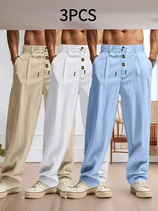 Men's Linen Long Pants Set, Casual Three-Button Design, Breathable Elastic Waistband Trousers, Drawstring & Decorative Buttons, Spring Summer Fall, Menswear