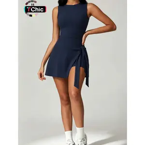 Sporty Women's Solid Color 2-IN-1 Tie Front Wrap Sports Dress, Sport Sleeveless Round Neck Short Dress for Tennis Attire Gym Workout, Ladies Sportswear for All Seasons, Tennis Athletic Dress, Workout Active Dress
