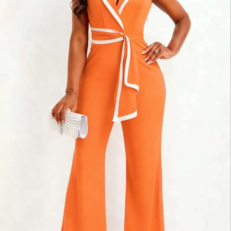 Women's Contrast Binding Belted Wrap Fitted Flare Leg Jumpsuit, Summer Clothes Women, Elegant Lapel Neck Jumpsuit for Summer, Ladies Clothes for Business Office