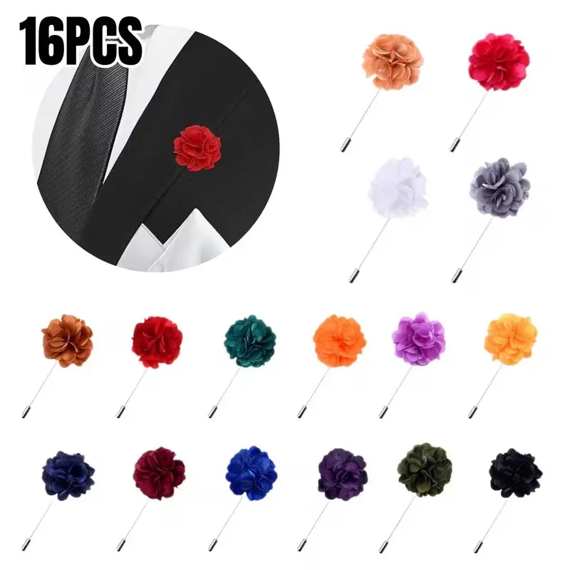 16pcs Men'S Flower Lapel Pins, Multicolor Handmade Satin Rose Brooches, Elegant Men'S Floral Lapel Pins Boutonniere, Suitable for Party, Wedding, Anniversary, Prom, Homecoming Celebration
