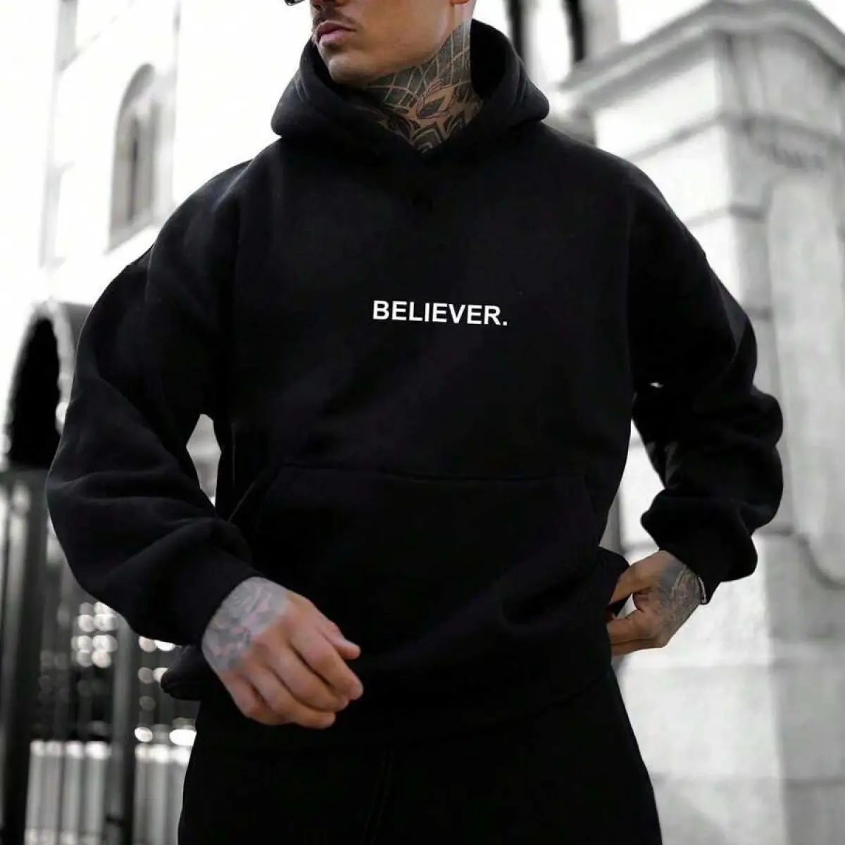 Men's Casual Pullover Hoodie - Menswear Clothes, Classic Letter Graphic, Longsleeves Drop-Shoulder, Loose-Fit Sweatshirt with Kangaroo Pocket