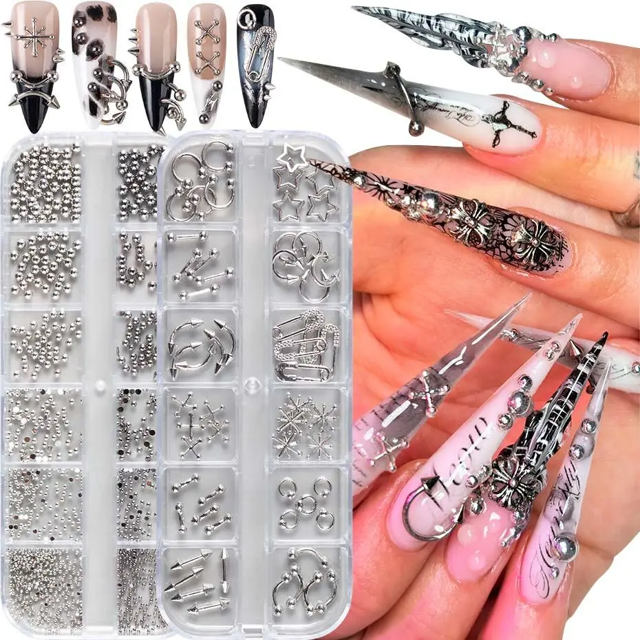 12 Grids Punk Silvery Gothic Punk Nail Charms Studs Metal Rivets Alloy Piercing Grunge DIY Nail Art Decoration Y2K Nail Supplies