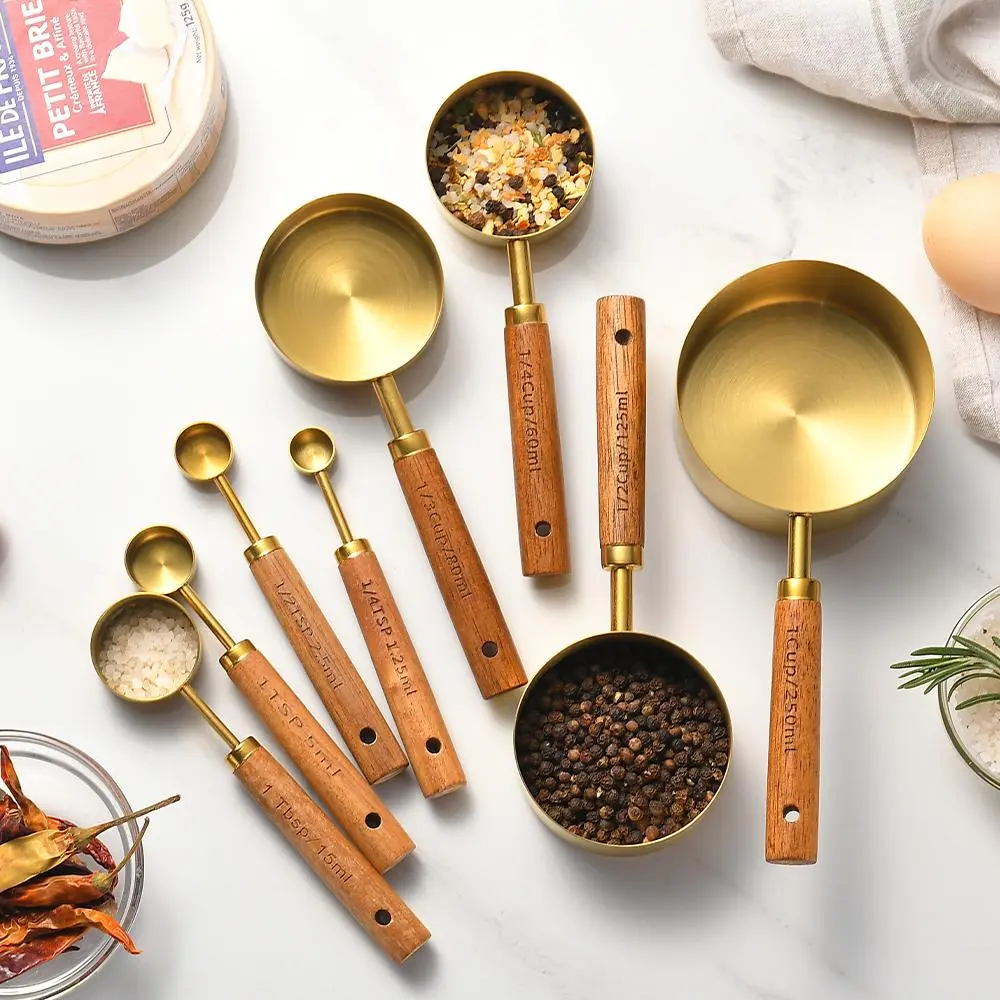 Wooden Handle Measuring Cup & Spoon Set, 8 Counts/set Stainless Steel Measuring Utensils with Handle, Kitchen Baking Tool & Accessories, Kitchen Gadgets