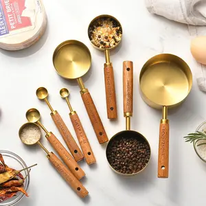 Wooden Handle Measuring Cup & Spoon Set, 8 Counts/set Stainless Steel Measuring Utensils with Handle, Kitchen Baking Tool & Accessories, Kitchen Gadgets