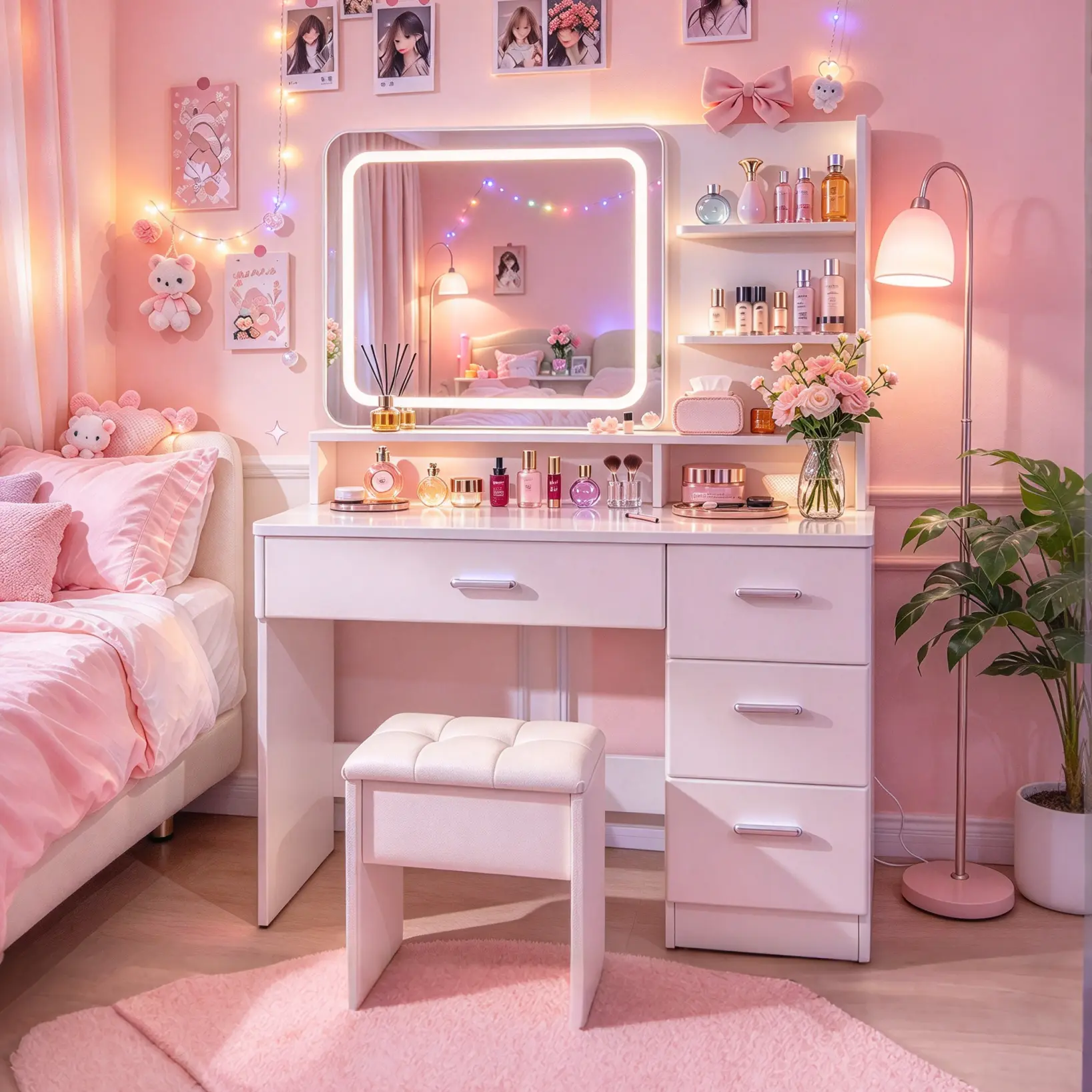 White makeup table set includes LED touch-control mirror; features storage compartments and a matching cushioned stool; suitable for various settings including bedrooms, living rooms, and dorms. transparent top dressing amerlife color rgb