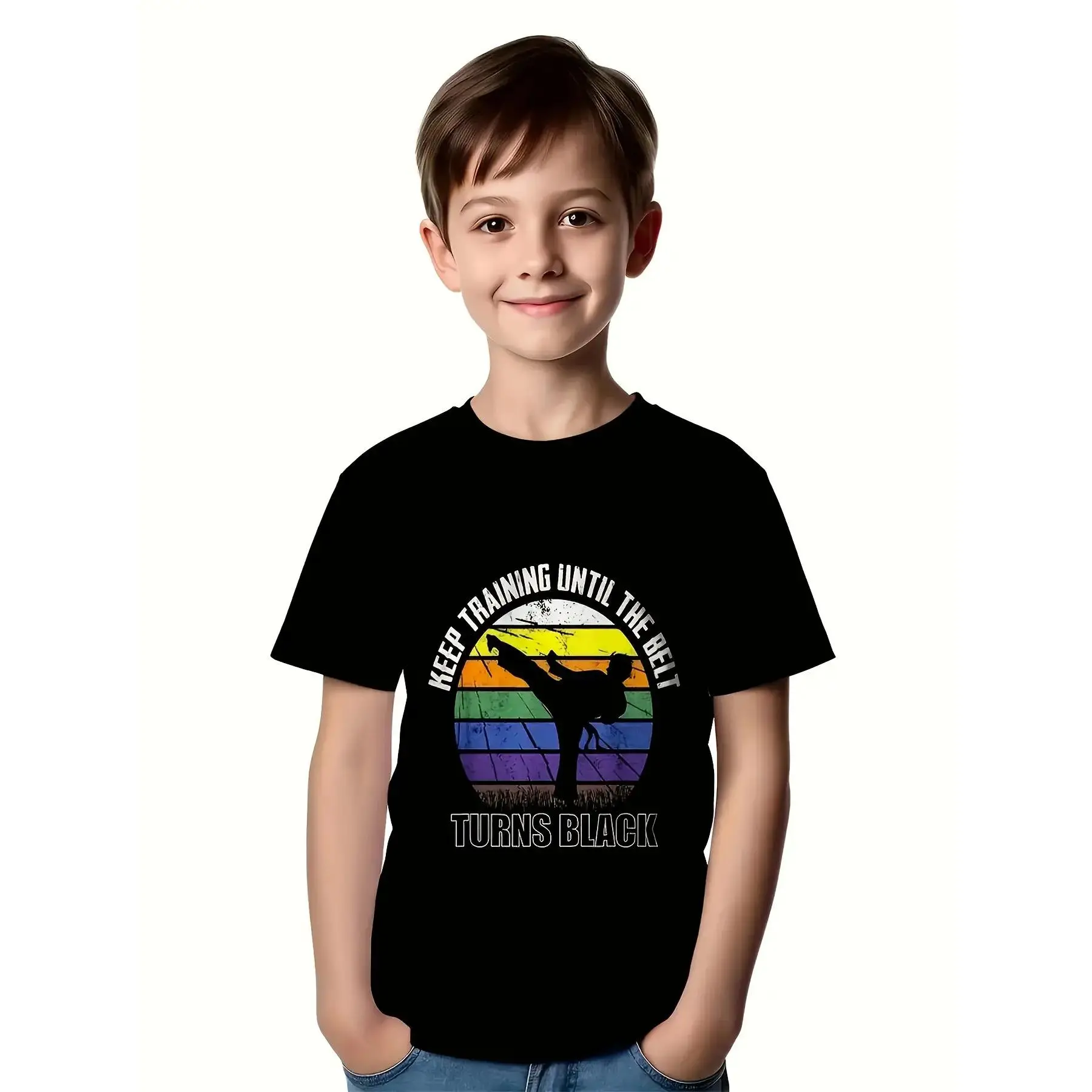 Kids' Martial Arts Training T-Shirt - "Keep Training Until It Turns Black" Motivational Graphic Tee, Boys Girls Karate Gi, Lightweight Breathable Shirt for dojo, Casual Attire, Karate Gifts,  Casual Kids Shirt, Comfortable Fit,Short Sleeve Top