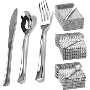60 Piece Silver Color Plastic Cutlery Set, Modern Tableware Sets, Tableware Kit, Heat Resistant Reusable, Includes 20 Knives 20 Forks 20 Spoons, Perfect for Weddings Dinners Halloween Christmas Easter