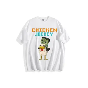 Pixel Art Frankenstein Monster Riding Stuffed Chicken T-Shirt - 8-Bit Style Cartoon Graphic Tee, Black Background Bold Text CHICKEN JOCKEY Design, Casual Crew Neck Cotton Shirt for Fans of Retro Video Game Aesthetic