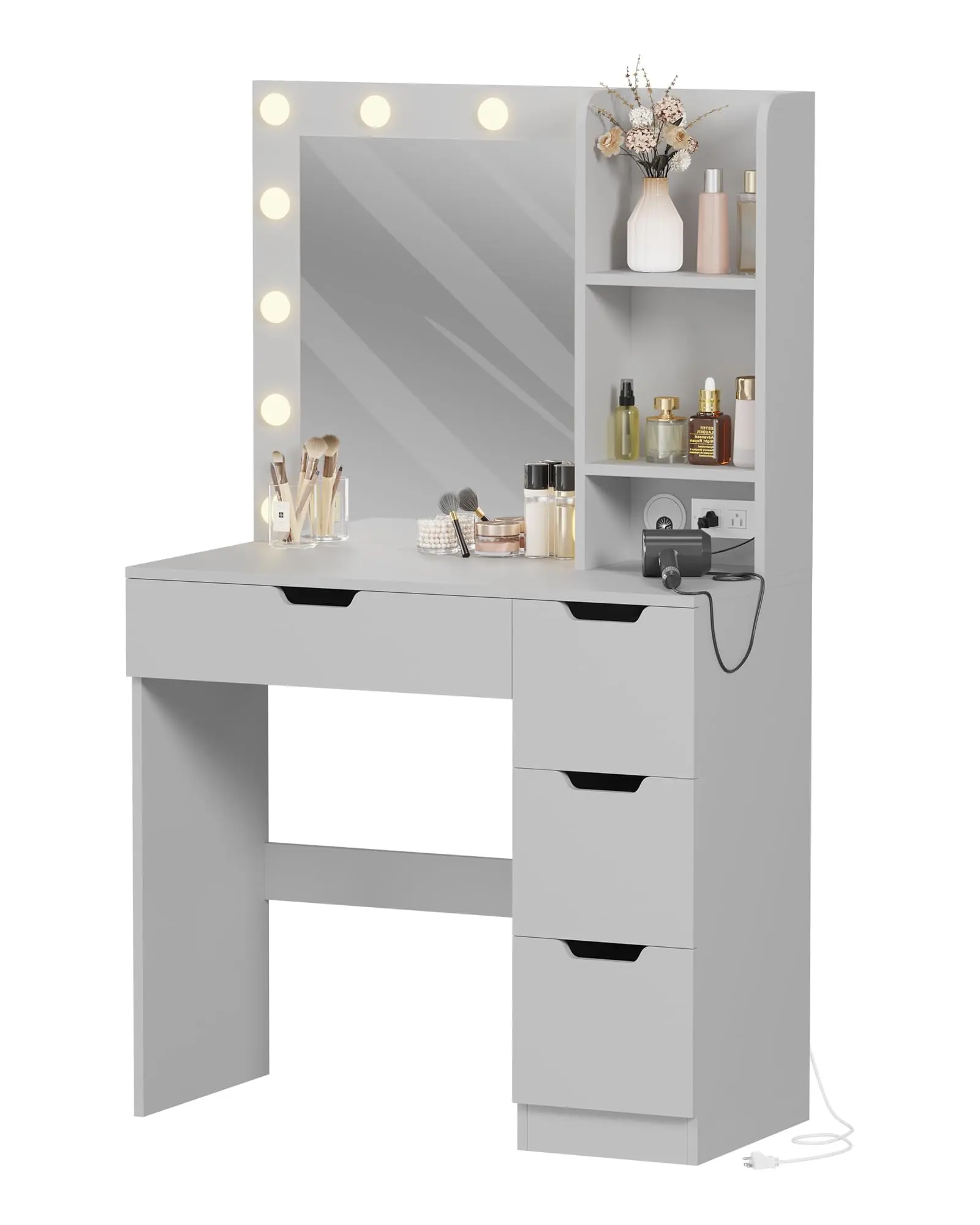 Garvee Modern Furniture Lighted Makeup Vanity Desk with Sturdy Base, 35.4" Grey Dressing Table with Mirror, 3 Lighting Colors, Power Outlets, 4 Drawers, 3 Open Shelves for Bedroom