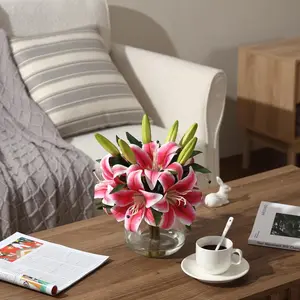Realistic Silk Tiger Lily Stems with Glass Vase​ – Set of 6 Lifelike 13-Inch Artificial Flowers for Home Wedding Office Décor –Pink