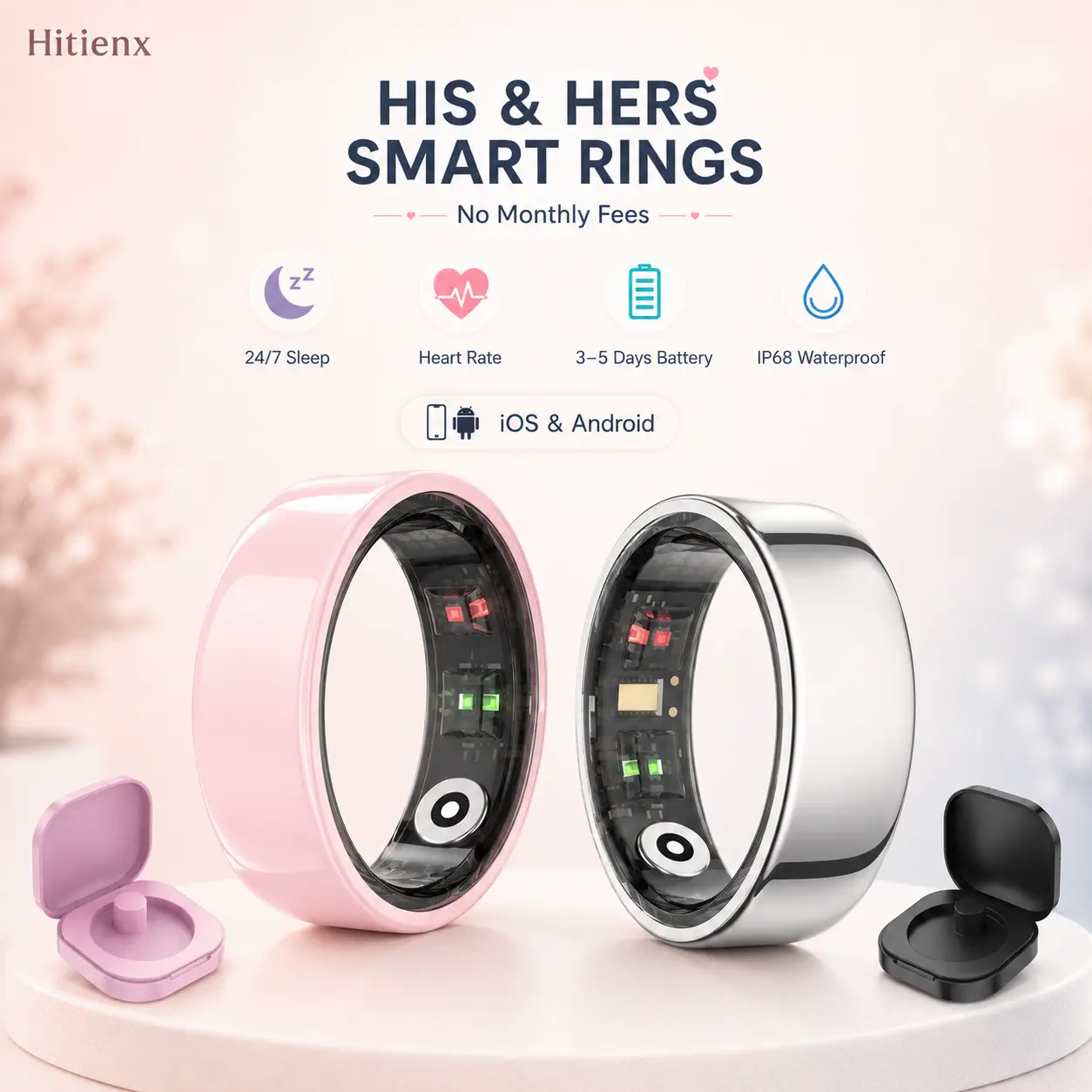 Hitienx Couples Smart Ring, Data Sharing Health & Fitness Tracker for Men & Women, 24H Sleep Tracking, Heart Rate, HRV, Blood Oxygen, Temperature & Mood Monitor, 5-Day Battery, IP68 Waterproof, Best Gift #SummerFinds