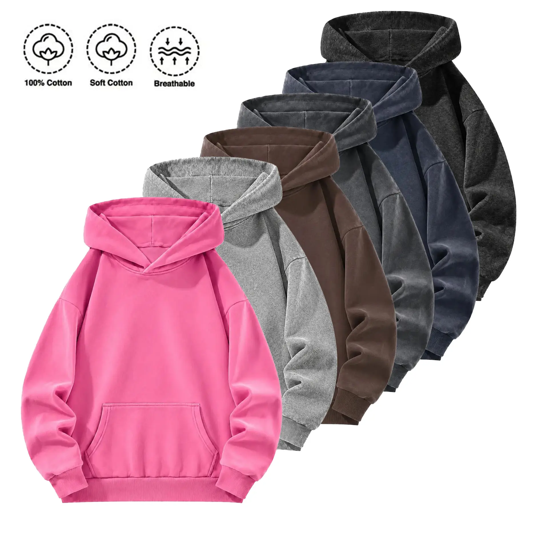 Men’s Cotton Sports Hoodie - Autumn/Winter Casual Long Sleeve Sweatshirts, Plain Loose Fit, Acid/Water Wash Finish, Multicolor, Large Kangaroo Pocket, Stylish Unisex Clothes Gift for Spouse