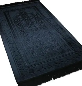 Luxury Velvet Islamic Prayer Rug Floral Stamp - Black