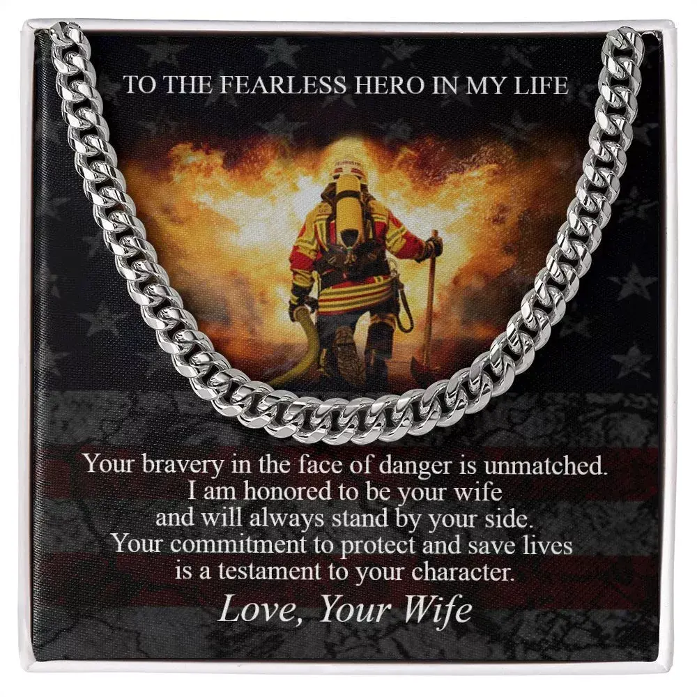 Fearless Firefighter Cuban Link Necklace For Men. Wife To Husband necklace Gift,Gifts For Men, Men Necklace Jewelry For Birthday Christmas Valentines Day