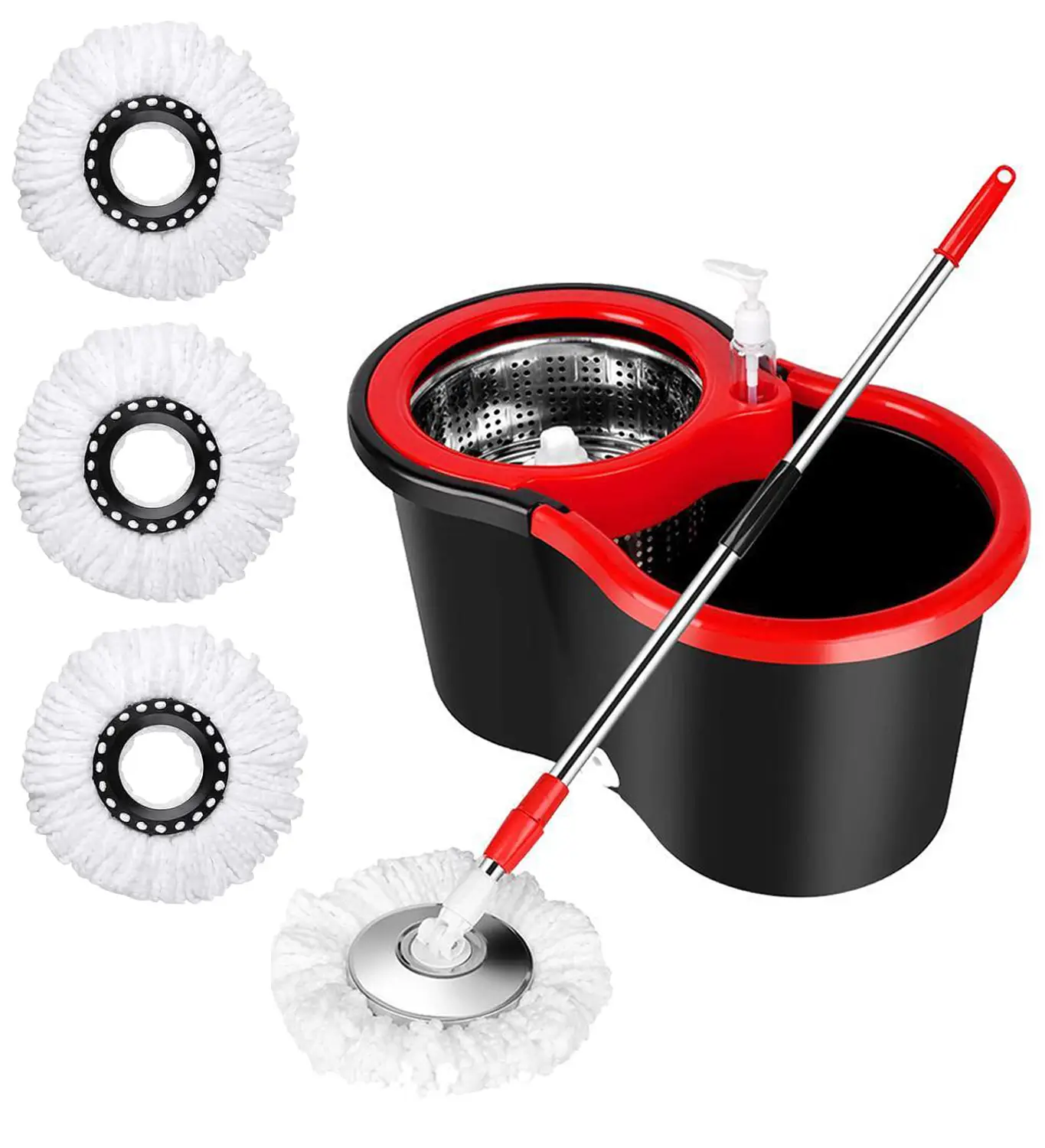 Spin Mop Bucket 360 rotating Easywring Microfiber FloorCleaning System + 3 Extra Refills MopHeads,Red/Black Set Pack