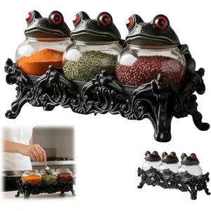 Witchy Frog Apothecary Spice Jars, Handcrafted Vintage Glass Storage Jars with Red-Eyed Frog Lids, Gothic Kitchen Herb Teas Food Storage Containers for Home Decor Fun Display (3-piece set)