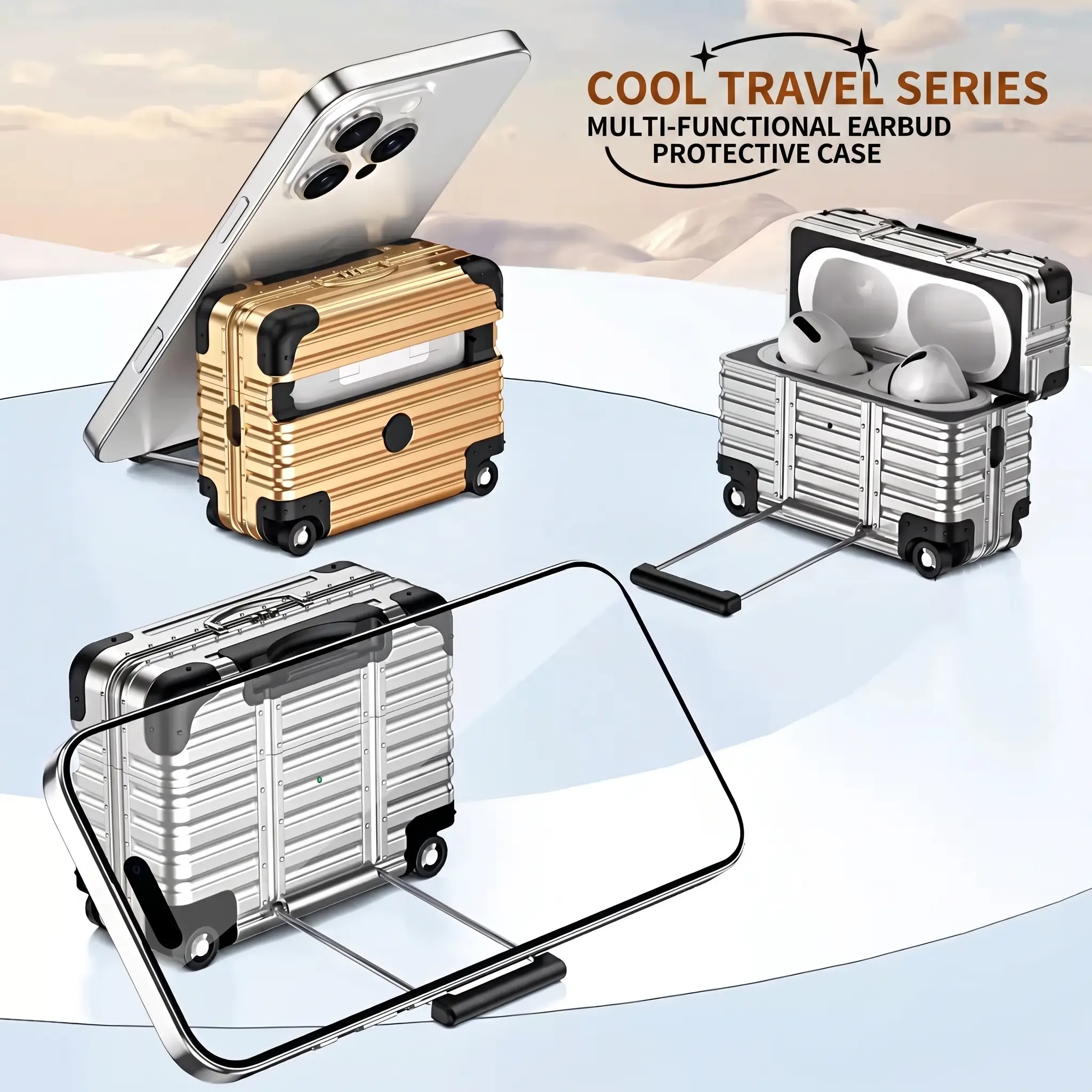 Luggage-style earphone case with keychain, 1 piece per pack, decorative earphone case, compatible with AirPods 1/2/Pro/Pro 2, earphone accessory.