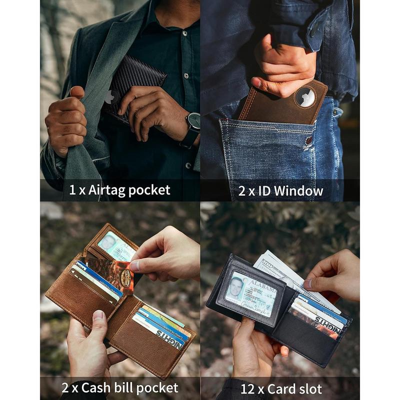 Mens Wallet With AirTag Holder, Bifold Leather RFID Blocking 1-2 ID Windows 12-13 Card Holders, Gift Box and Screen Protector Included, AirTag Not Included