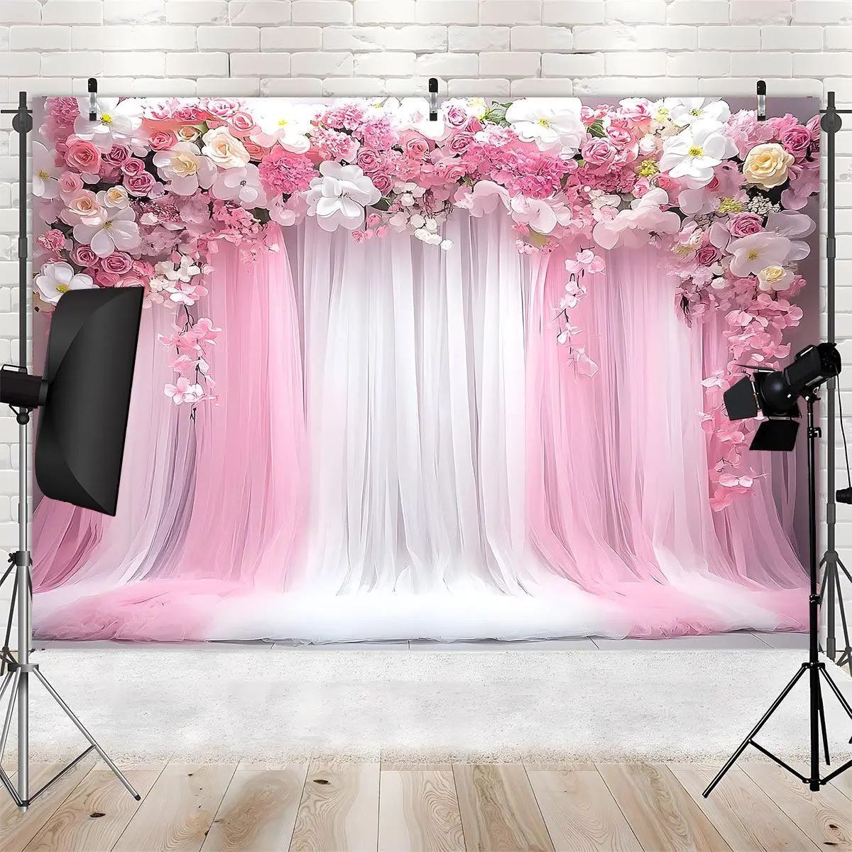 Romantic Flower Pattern Polyester Wedding Backdrop - 1-Count Party Decoration Prop, Background Cloth for Wedding Anniversary, Home Party Banners
