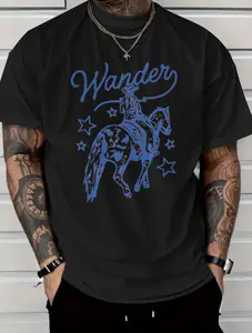 Black T-Shirt with Blue Cowgirl Riding Horse Wander Print for Casual Wear