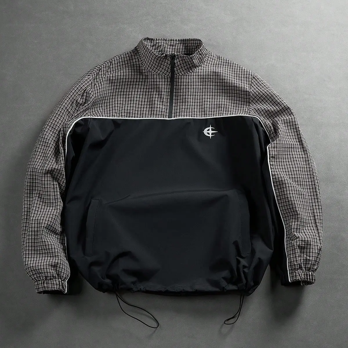 Men’s color block plaid half zip pullover windbreaker, retro contrast panel design, loose fit streetwear casual outerwear with drawstring hem