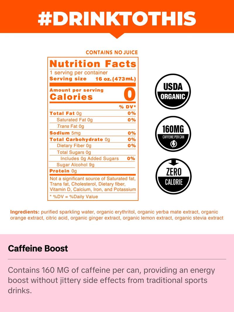 Orange Ginger Zero Calorie Organic Sparkling Yerba Mate Tea Beverage - Sugar-Free