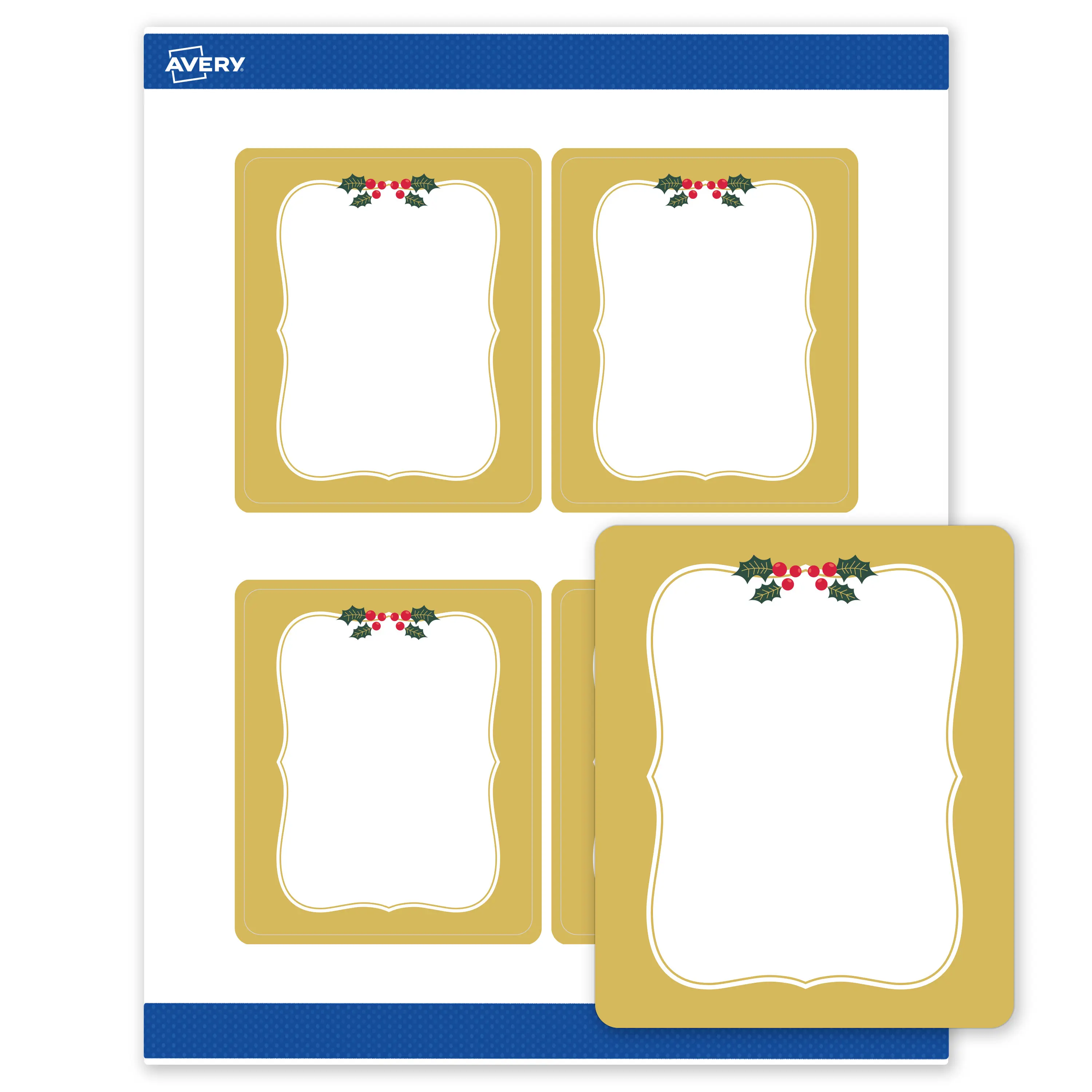 Avery® Printable Christmas Labels with Sure Feed® Technology, Rectangular (4"x3-1/3") Matte White Labels with Pre-Printed Metallic Gold Border & Holly Berries, Laser & Inkjet Compatible, 40 Total (Ideal for Rectangular Face Shape Applications)