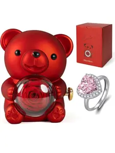 Heart-Shaped Ring Box with Cute Bear and Rose Pattern, Rotating Surprise Gift Box, Jewelry Box, Perfect for Birthday, Anniversary, Christmas, Valentine's Day