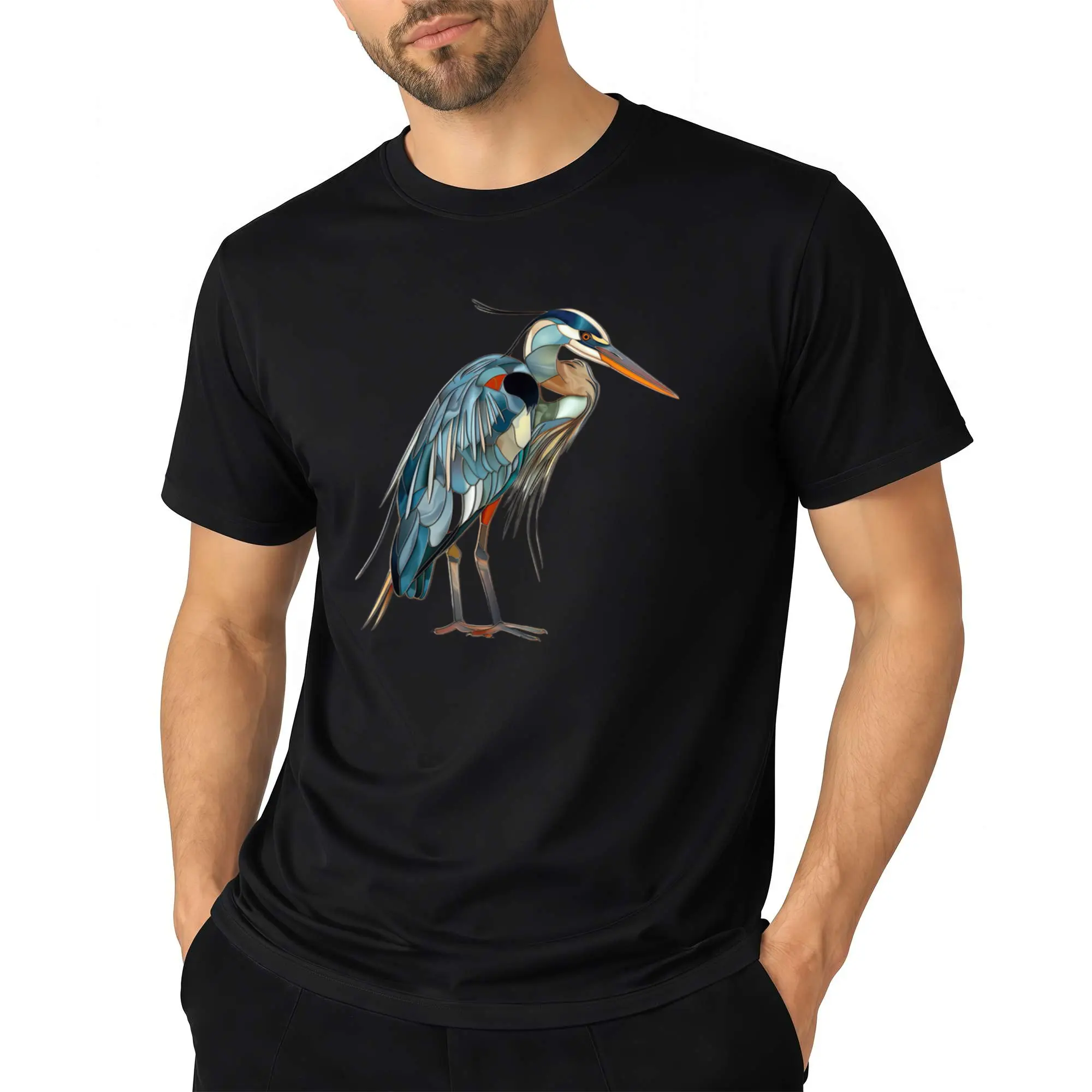 Men'S Unisex Great Blue Heron Stained Glass Print T-Shirt Casual Round Neck Short Sleeve Tee with Blue Heron Egret Design Versatile Clothing Artistic Design ComfortaRetro Machine Washable