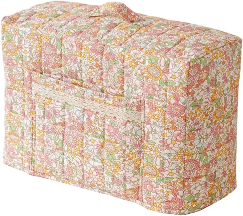 Sewing Machine Dust Cover, Floral Quilted Sewing Machine Cover with Pocket, Craft Room Sewings Supply Organizer (Orange, 17 Inches)