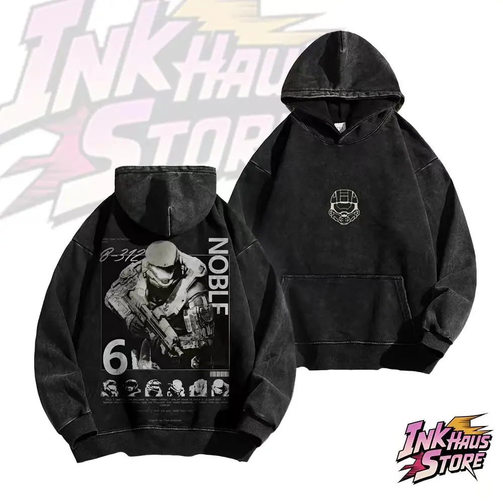 *Noble Team* acid wash hoodie,design from the Halo series of games, specifically Spartan B-312 (Noble 6)-Long Sleeve Cotton Unisex Vintage Heavyweight Streetwear Gym fit fashion