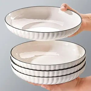 Set of 4 Rimmed Moon Plates, 8 Inch Ceramic Dinnerware, Japanese Style, High Aesthetic Value, Heat Resistant, Kitchen Utensils