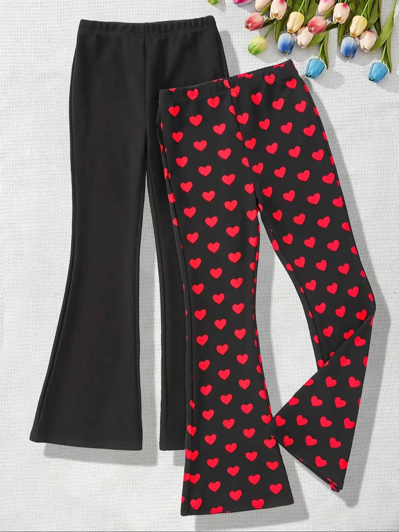 Girl's Heart / Plain Print Flare Leg Pants, Casual Comfy Bell Bottom Trousers for Daily Wear, Kids Bottoms for All Seasons