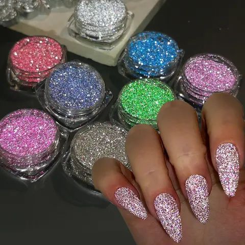 Fcozpjk Reflective Glitter Powder Set 8Colors Sparkle Diamond Nail Glitter Dust Silver Pink Purple Green Loose Glitter for Nails Shiny Sugar Nail Powder Dipping Pigment Nail Art Supplies