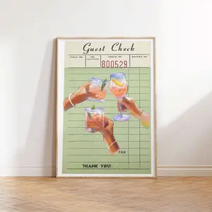Unframe Sage Green Cheers Guest Check Print Bar Cart Poster Trendy Kitchen Art Alcohol Poster Retro Guest Check Print Preppy Cocktail Print Funky
