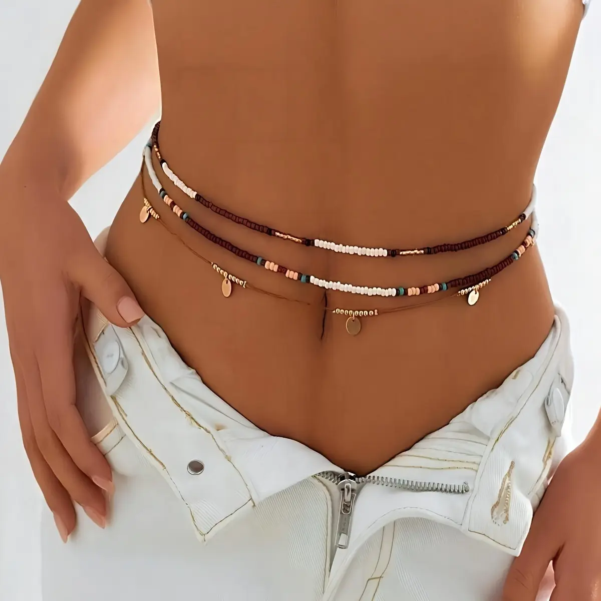 3PCS Bohemian Colorful Rice Beads Waist Chain Set Vintage Handmade Golden Round Pendant Multi-layer Ethnic Beads Beach Body Decor Vacation Travel Belly Hoops Boho Bellybar Jewelry, Waist Beads Women, Belly Waist Beads